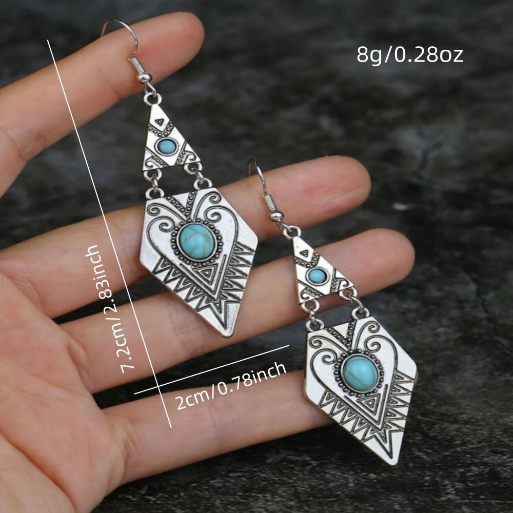 Vintage Bohemian Creative Geometric Rhombus Synthetic Turquoise Handmade Earrings, Alloy Female Wedding Couple Holiday Zircon