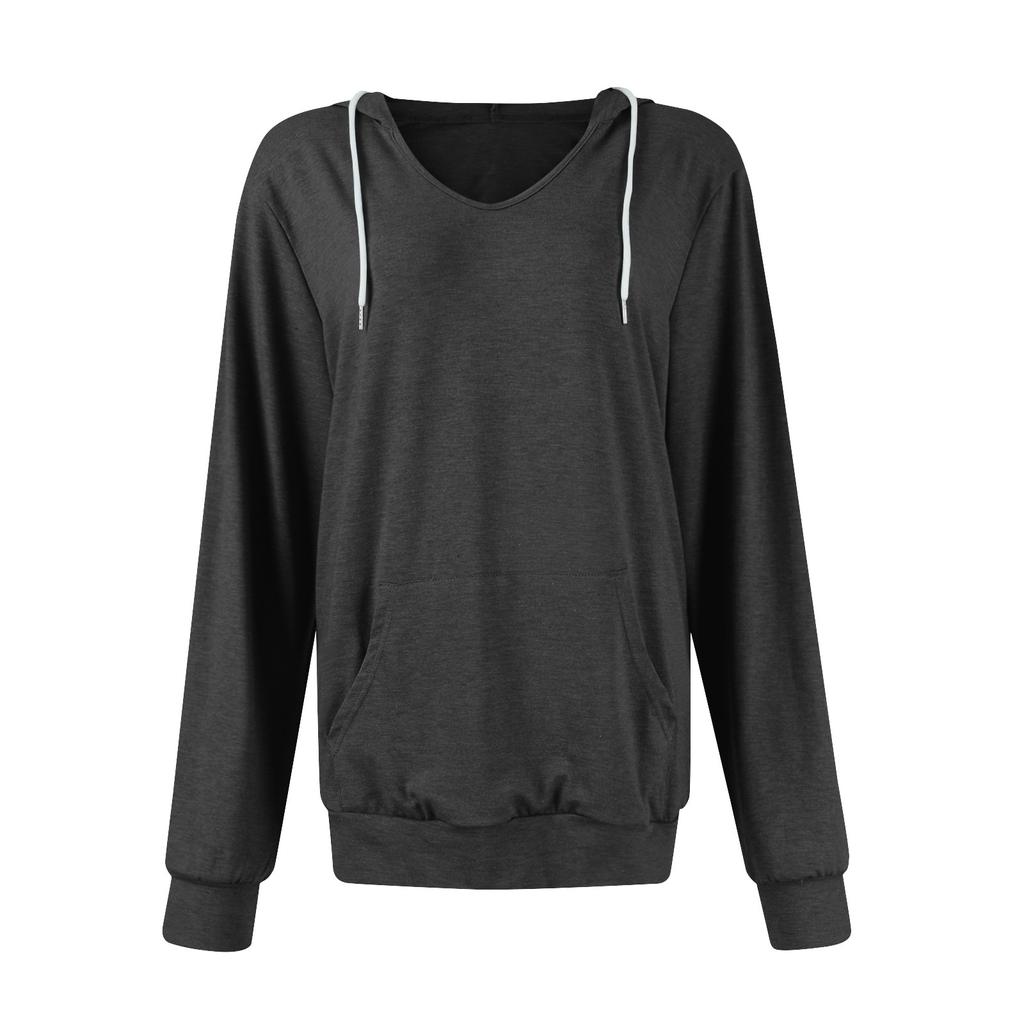 Women's Fashion Casual V Neck Long Sleeve Solid Color Pocket Drawstring Hooded Top