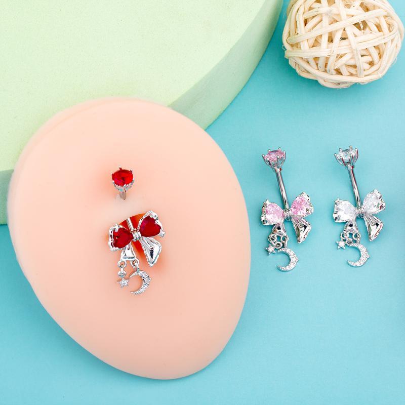 Shiny Crystal Bow Stars Moon Belly Button Rings Dangle Stainless Steel Navel Piercing Jewelry for Women Birthday Gift