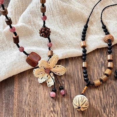 New Chinese Retro Flower Necklace Women's National Style Wooden Long Internet Celebrity Collarbone Chain Daily Match