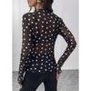 Women Semi Sheer Mesh Polka Dot Long Sleeve Mock Neck Top Lightweight Stretchy Fitted T Shirt Blouse for Layering
