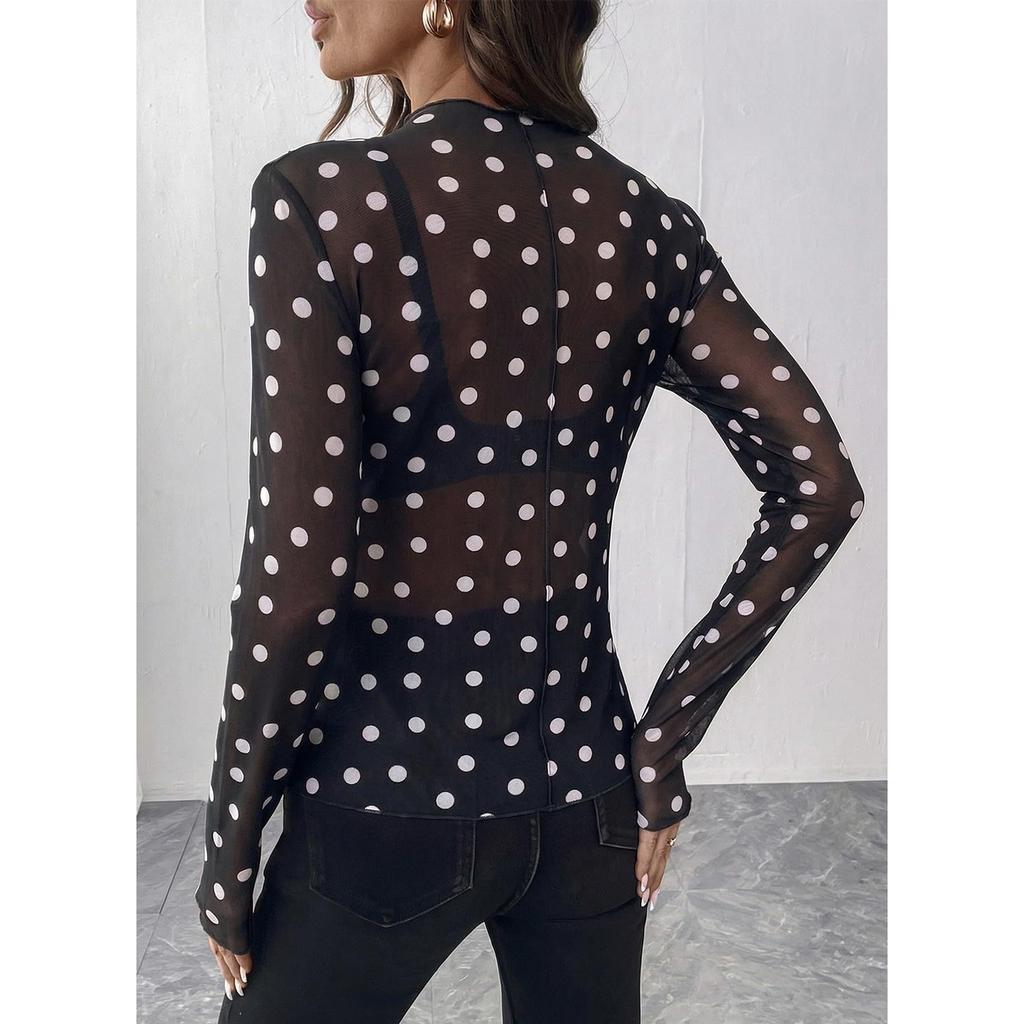 Women Semi Sheer Mesh Polka Dot Long Sleeve Mock Neck Top Lightweight Stretchy Fitted T Shirt Blouse for Layering