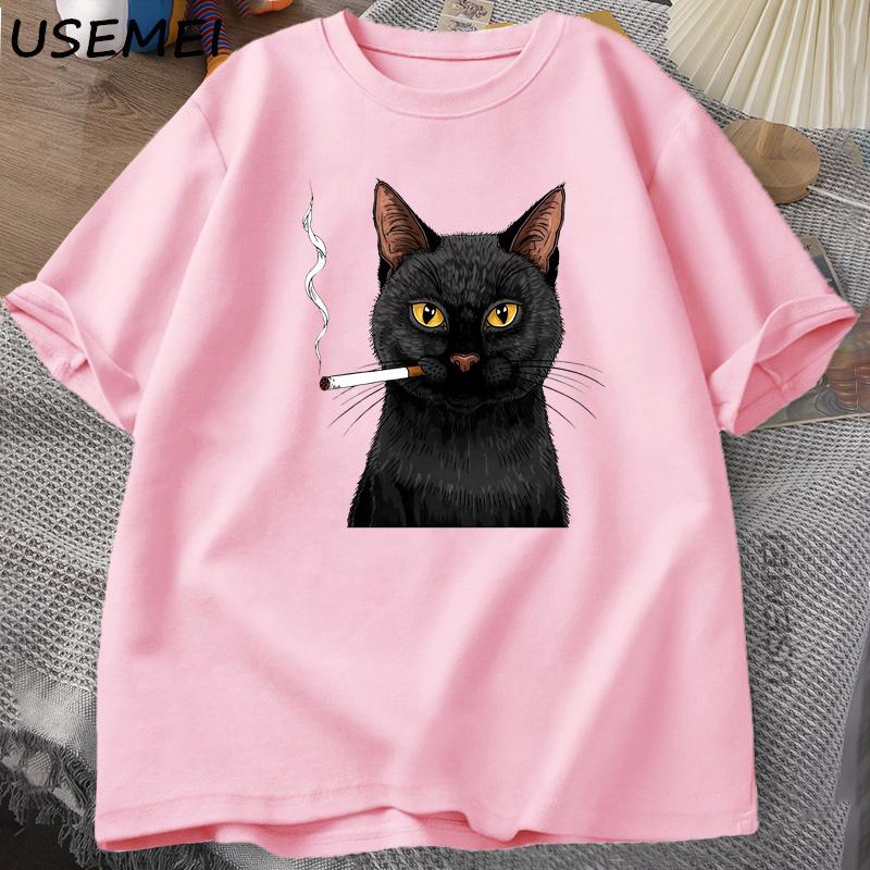 Smoking Cat TShirt Unisex Funny Y2K Vintage Trendy Streetwear Graphic T Shirt Edgy Cat Lover Tshirt Round Neck Short Sleeved Tee