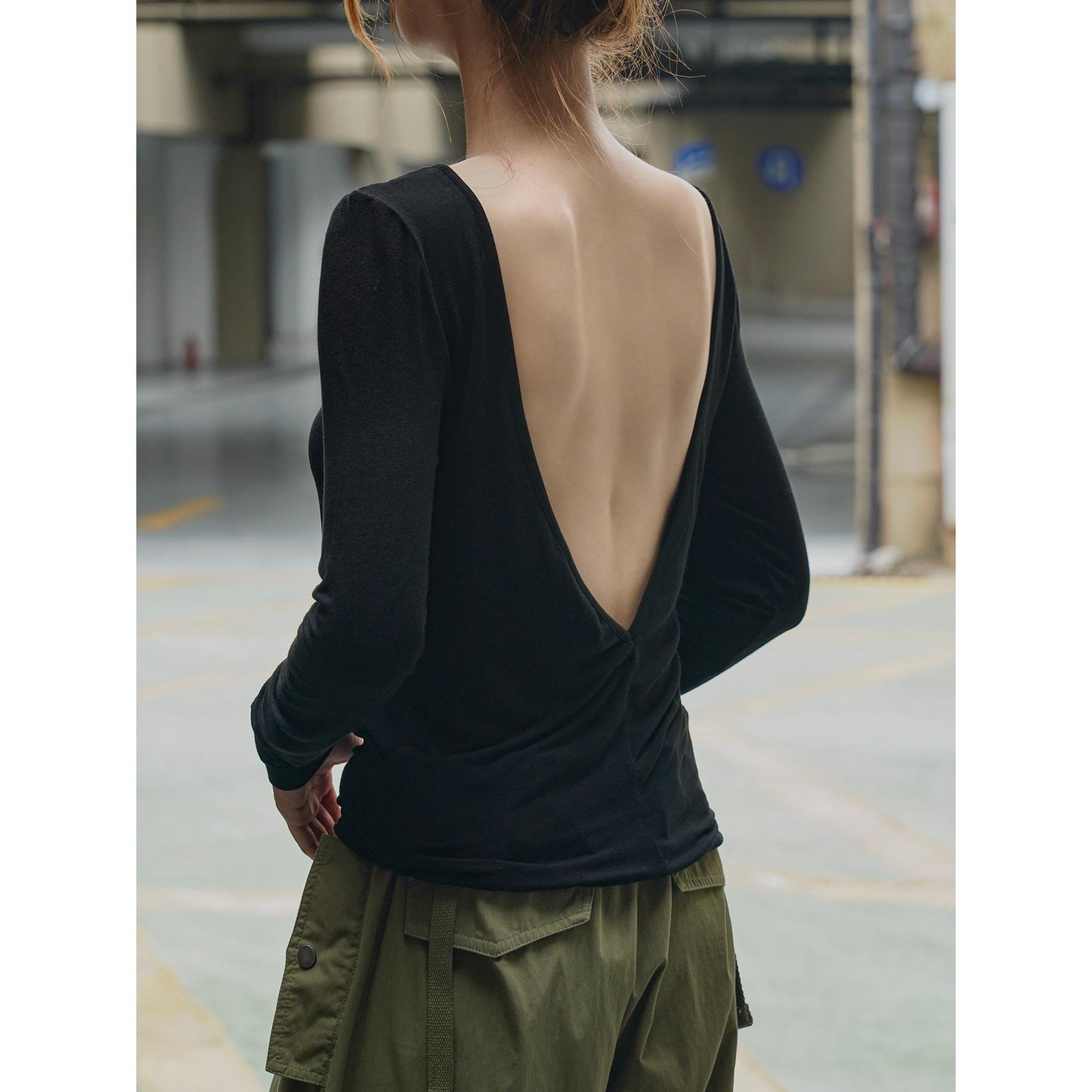 

Johnature Корейская версия Сексуальная летняя футболка с открытой спиной, эластичной вязки, облегающего кроя, повседневный низ, топы для женщин M чёрный