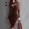 European and American Sexy Lace Sheer Long-sleeve Dress, Elegant V-neck Lace Patchwork Waist Hip-hugging Dress