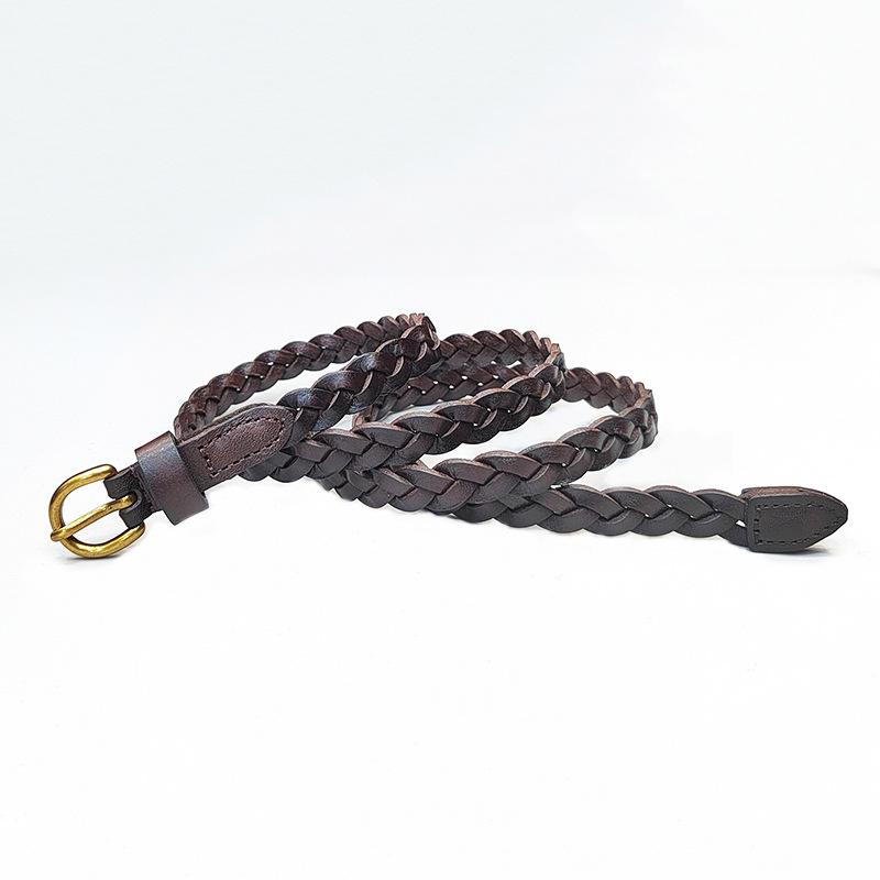 Woven Belt Women'S Leather Casual Pin Buckle Decoration First Layer Cowhide Thin Belt Fashion Style Small Waist Seal