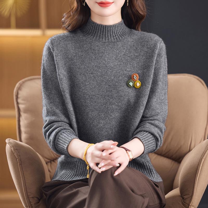 New Pure Wool Sweater for Middle-Aged & Elderly Women - Stylish, Warm, Half-High Collar, Thickened for Autumn/Winter