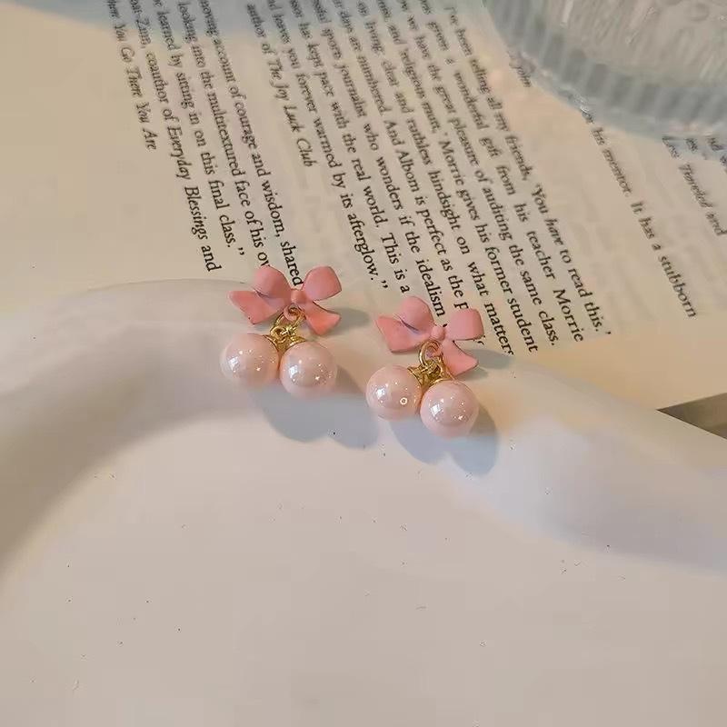 Korean Sweet Pink Bow Earrings For Women Aretes Girls Design Charm Round Bead Drop Earring Jewelry Gifts