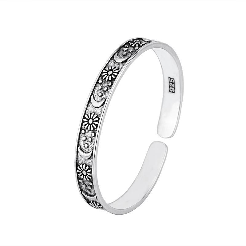 Retro Star & Moon Flower Open Bangle for Women