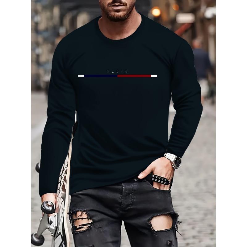 Gradient Letter Print Men's Long Sleeve T Shirt Casual O Neck Street Top Fashion Casual Long Sleeve Pullover Fall Men's Clothing