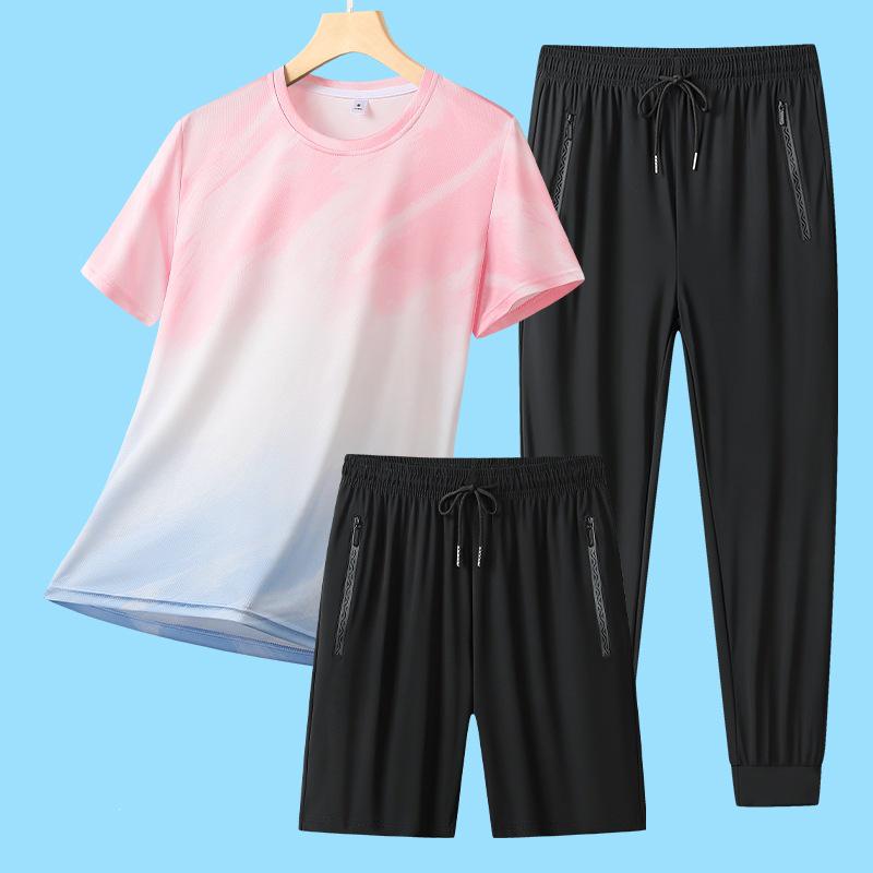 Summer Ice Silk Moisture-Wicking Breathable Sportswear Set - Casual Round Neck Short Sleeve Three-Piece High Quality.
