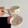 460ml Large Capacity Ceramic Cup with Cover, Breakfast Cup with Crank, Retro Rural Style Ceramic Mug Coffee Cup and Dishes Sets