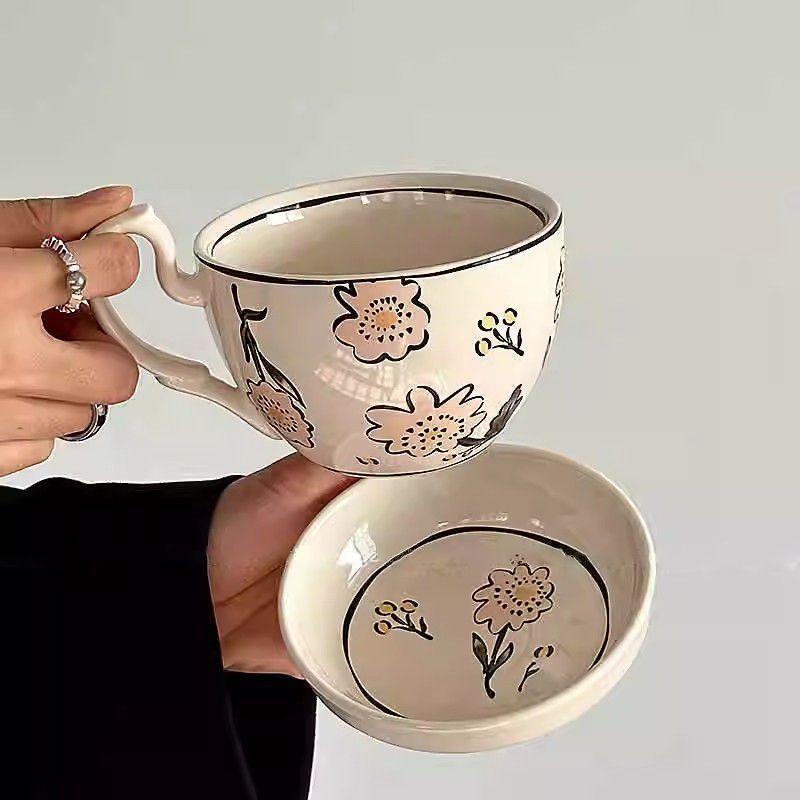 460ml Large Capacity Ceramic Cup with Cover, Breakfast Cup with Crank, Retro Rural Style Ceramic Mug Coffee Cup and Dishes Sets