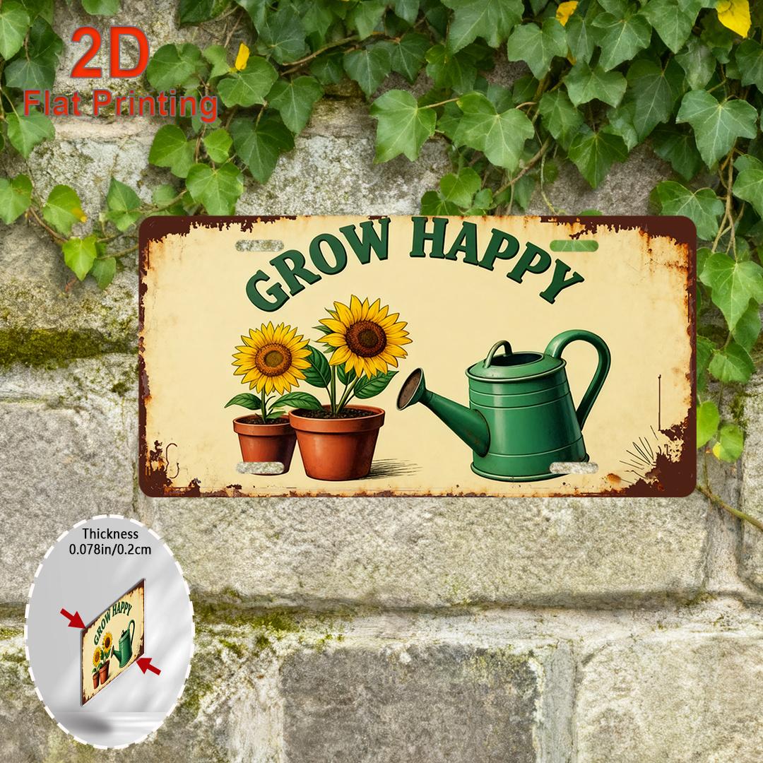 

D Flat Printing Vintage GROW HAPPY with Sunflowers Watering Can Illustration Aluminum Tin Painting License Plate Style Gar 15x30cm(5.9x7.8inch)