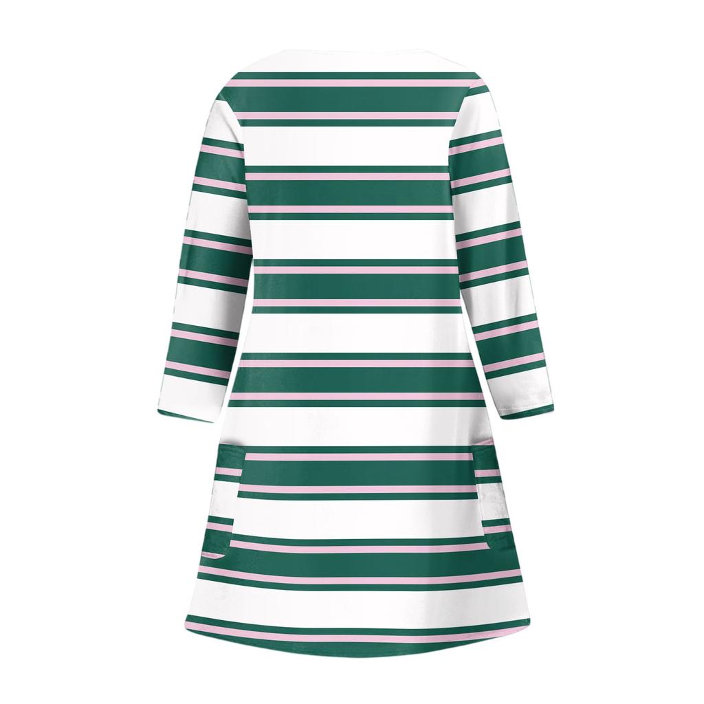 Dámské módní ležérní šaty s výstřihem do V, pruhovaným kostkovaným potiskem a kapsou, s tříčtvrtečním rukávem