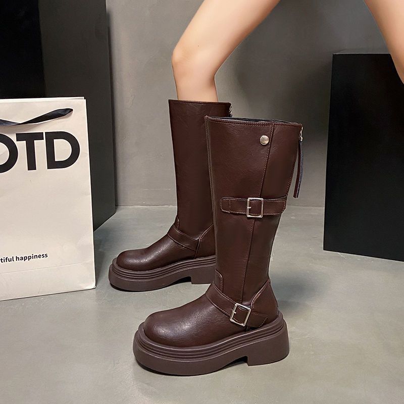 Thick heel thick sole thin elastic boots tall knight boots brown small boots women's 2025 new autumn and winter