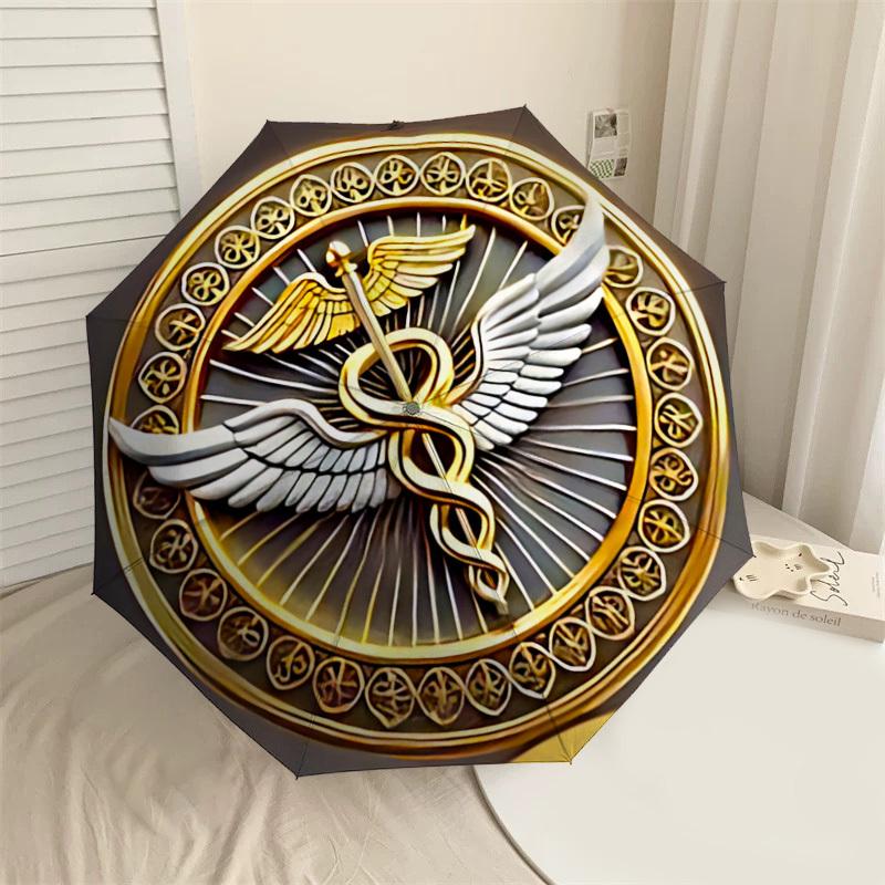 

1PC Caduceus Symbol Automatic Open/Close Umbrella with Windproof, 8-Rib Sturdy Canopy, Durable Ribs, Fashionable Design, Outdoor Accessory, Fun Prin,