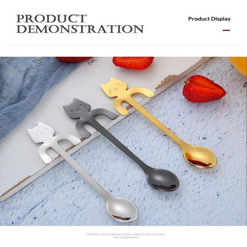Stainless Steel Cute Cat Hanging Spoons Smooth Edge Lovely Design Fit For Coffee Tea Dessert Home Use