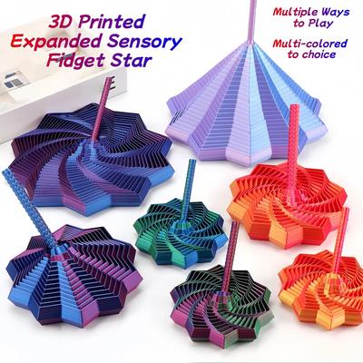 3D tištěná expandující senzorická fidget hvězda pro soustředění a relaxaci, barevný vířivý spirálový design, stolní hračka pro úlevu od stresu