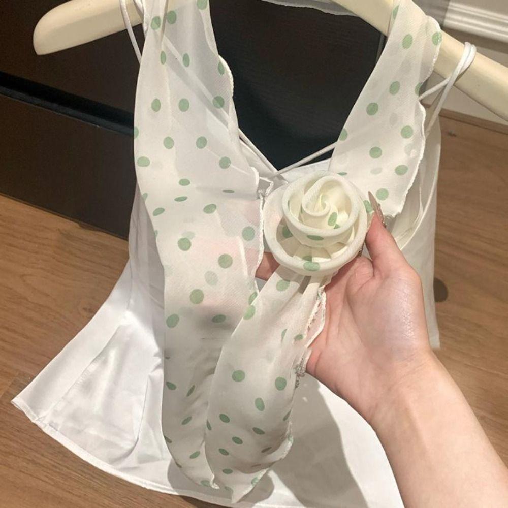 

New Detachable Chiffon Long Scarf Polka Dots Elegant Rose Decor Neck Scarf Versatile Thin Sunscreen Hijabs Women Girls Gifts