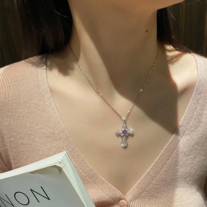 S925 Pure Silver All Diamond Cross Necklace for Women, Silver Inlaid with Natural Color Treasure, Fashionable and Versatile Gift