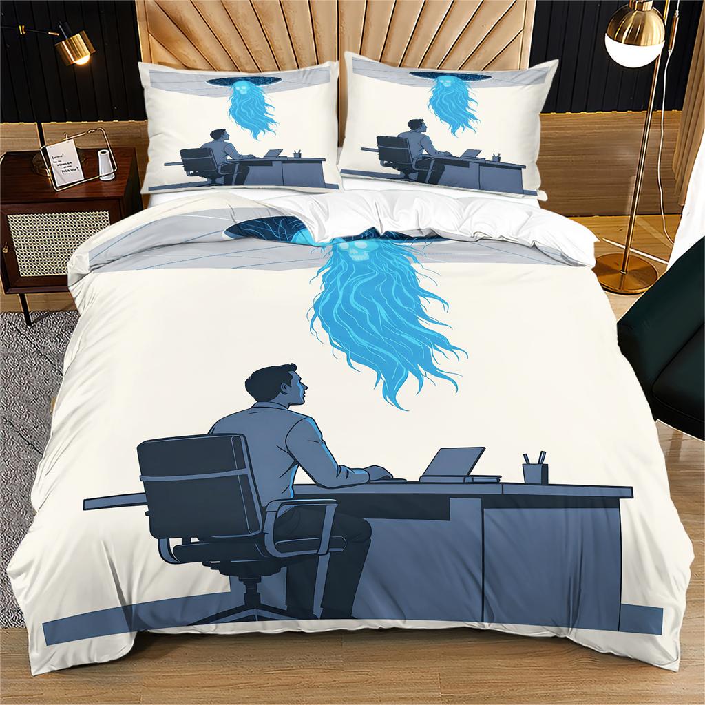 Skeleton Office Worker Duvet Cover Set Gothic Skull Typing On Computer Print Quilt Cover Set Vintage Cozy Bedding Set Home Decor