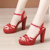 Übergröße 32-43 Blockabsatz Plateau Schuhe Leder 2025 Sommer High Heels Sandalen Damen Elegant Silber Rot Weiß Hochzeitsschuhe