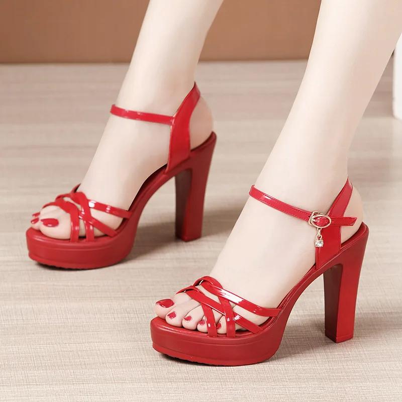 Übergröße 32-43 Blockabsatz Plateau Schuhe Leder 2025 Sommer High Heels Sandalen Damen Elegant Silber Rot Weiß Hochzeitsschuhe