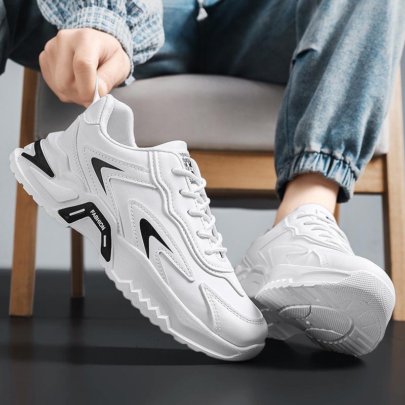 Men's Shoes Spring Trendy Brand Versatile Student Casual Leather Surface Sports Running Thick Sole Heightening Little White Dad Trendy Shoes Non-slip
