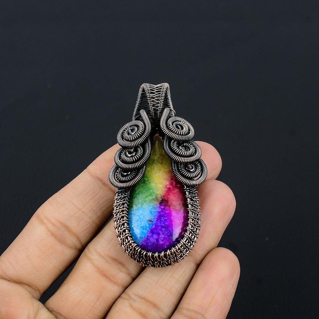 Rainbow Solar Quartz 999 Copper Wire Wrapped Pendant, Handmade Gemstone Pendant Jewelry, Gifts For Wife Brand New Pendant