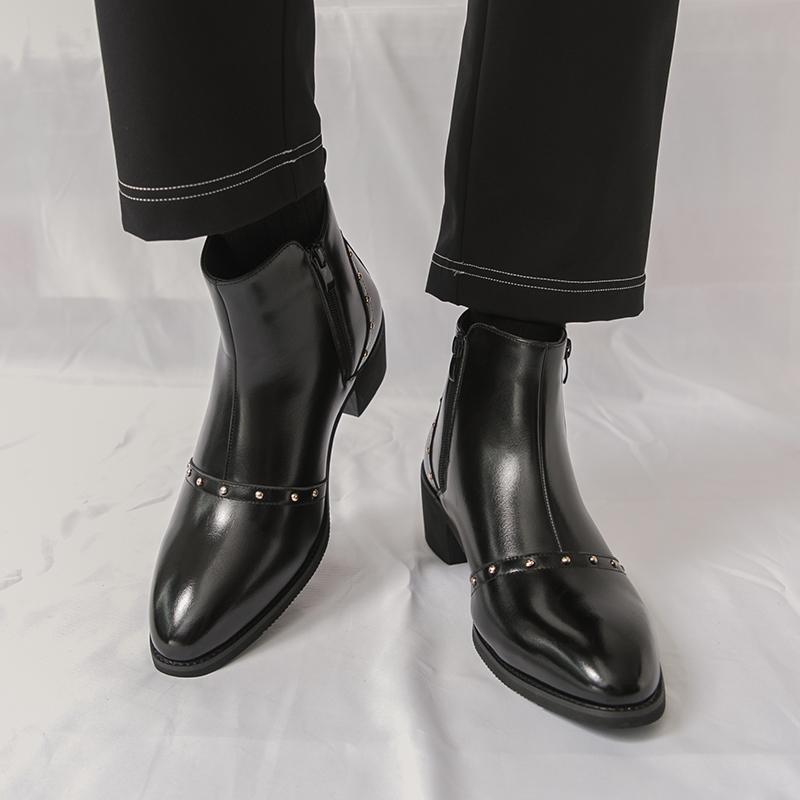 Men’s Short Boots Elevator Chelsea Boots Retro Tuxedo Ankle Boots Pointed Toe Retro Black Heel Boots Large Size