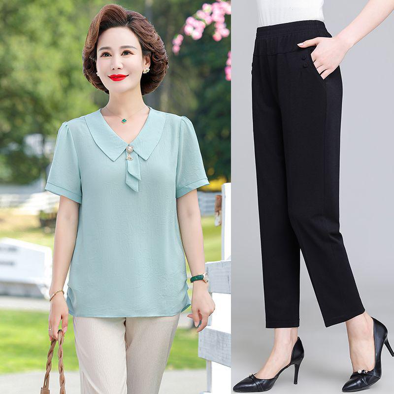 Mom's Stylish Summer Two-Piece Set: Chiffon Top & Short Sleeve T-Shirt for Middle-Aged Women