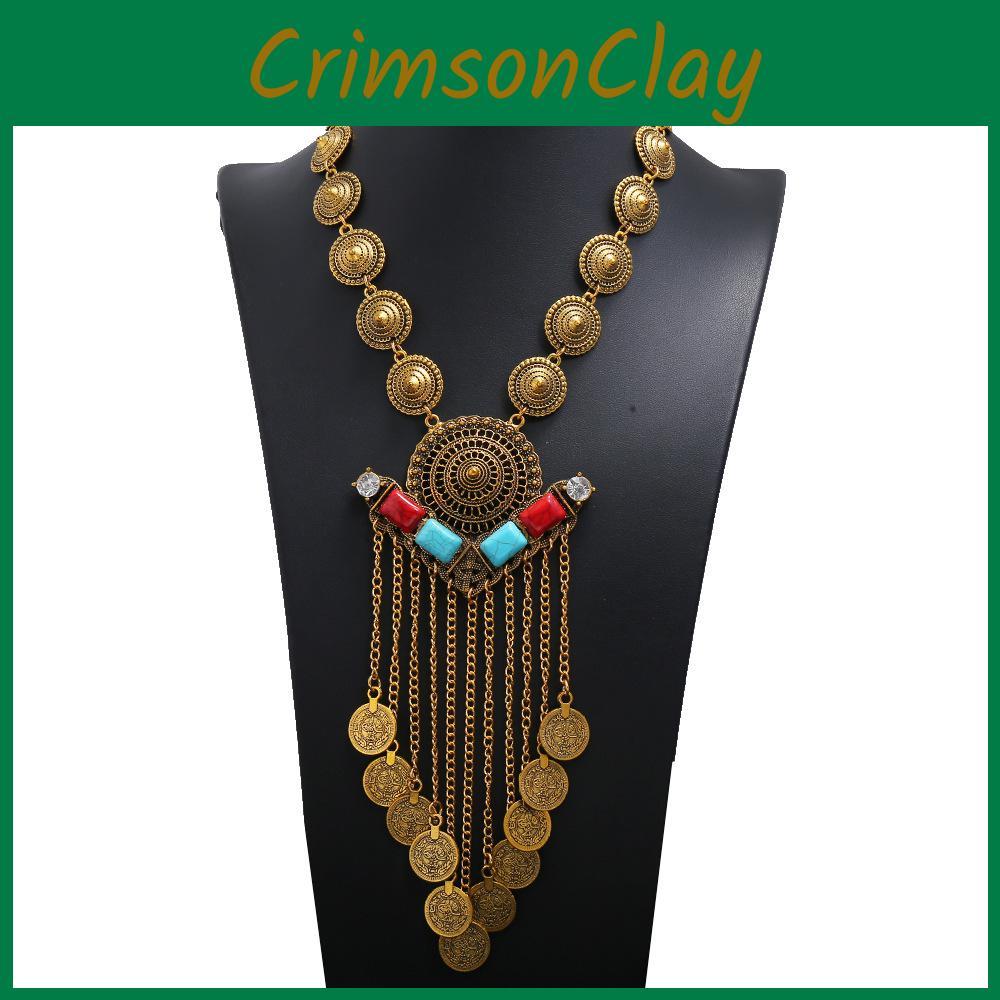 Retro Multilayer Women Coin Long Pendant Necklace With Alloy Waterfall Chain