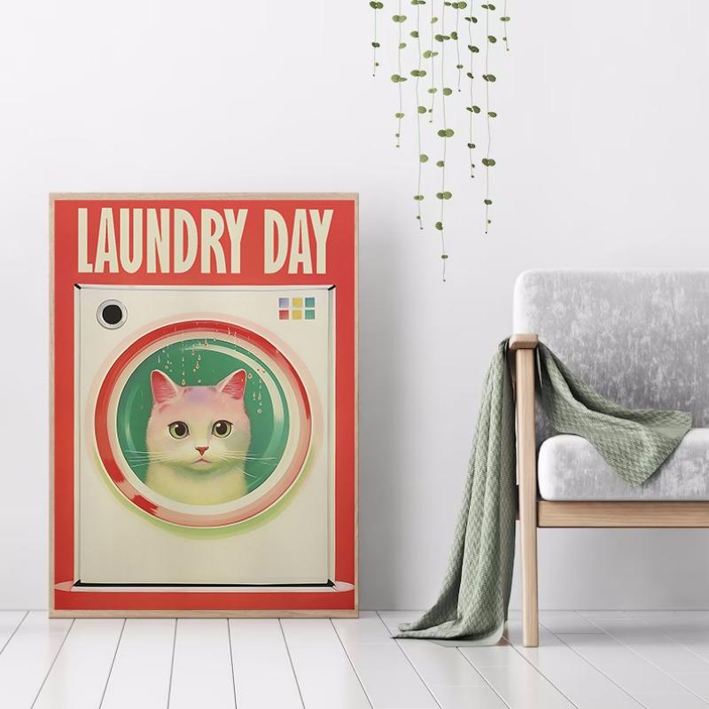 Laundry Day Woman Washing Machine Cat Wall Art Canvas Painting Nordic Poster Print Toilet Pictures for Living Room Decoration