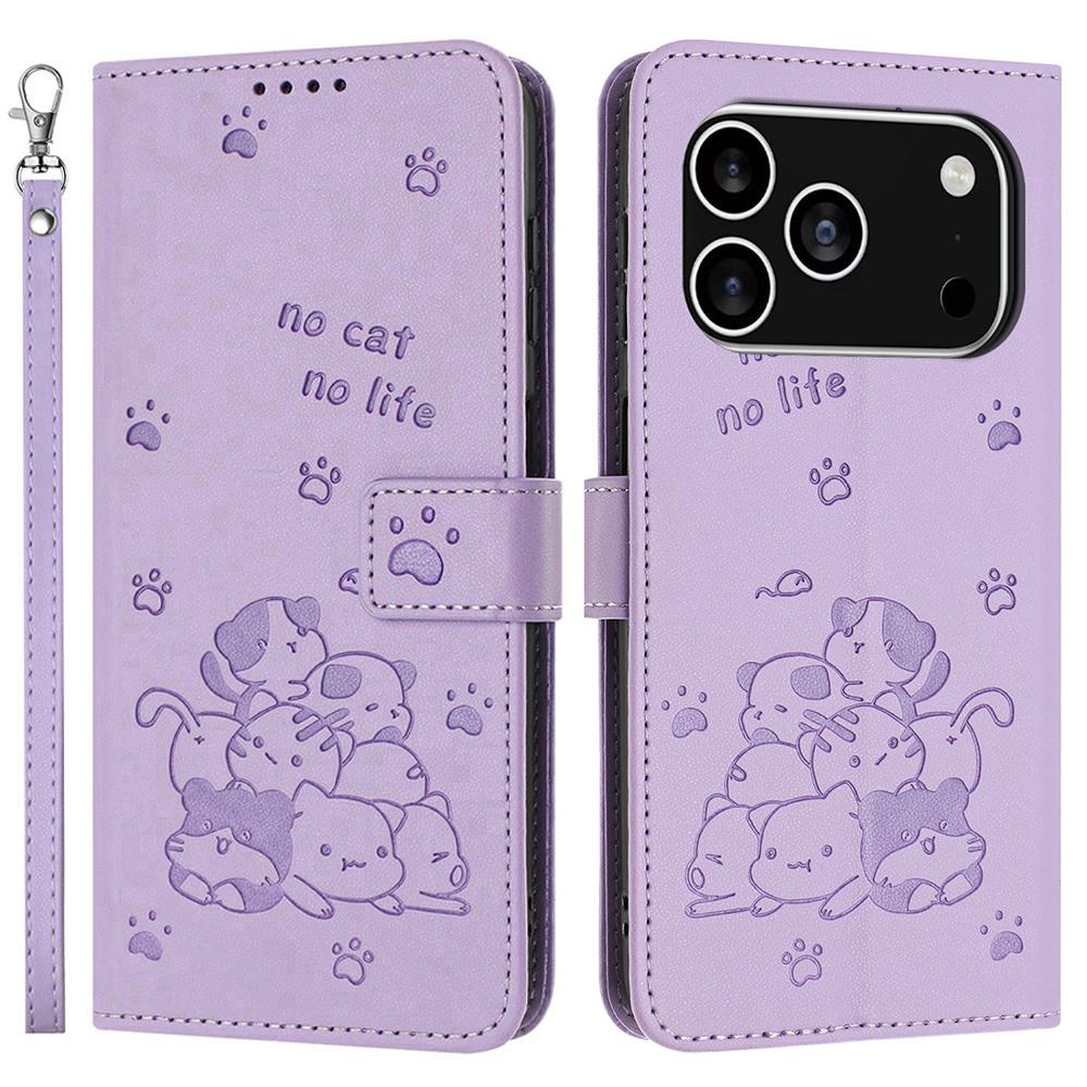 

Для iPhone 17 Pro Чехол-кошелек Кожаный чехол для телефона с ремешком с оттиском кошек Purple