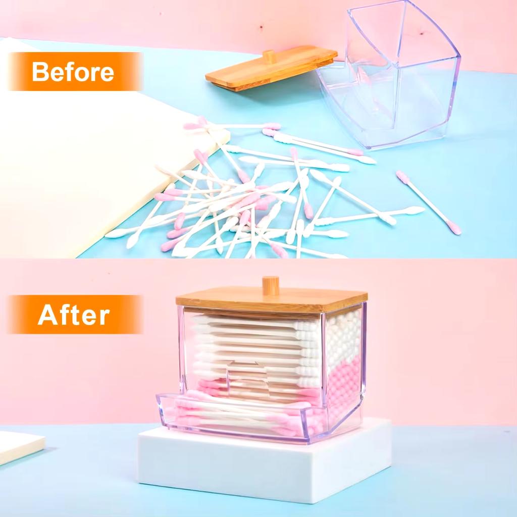 Acrylic Cosmetic Product Storage Box Containing Cotton Swab Container And Bamboo Lid Suitable For Toothpicks And Cotton Items