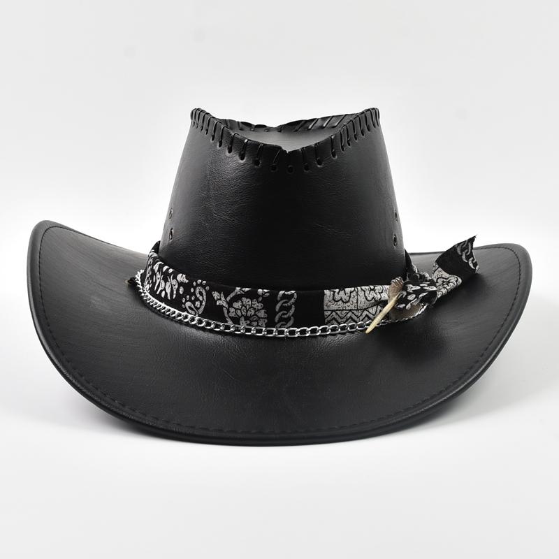 

Handmade Faux Leather Western Cowboy Hats For Women Men Vintage Big-edge Gentleman Cowgirl Jazz Hat Holidays Party Cosplay Hate 56-58CM чёрный