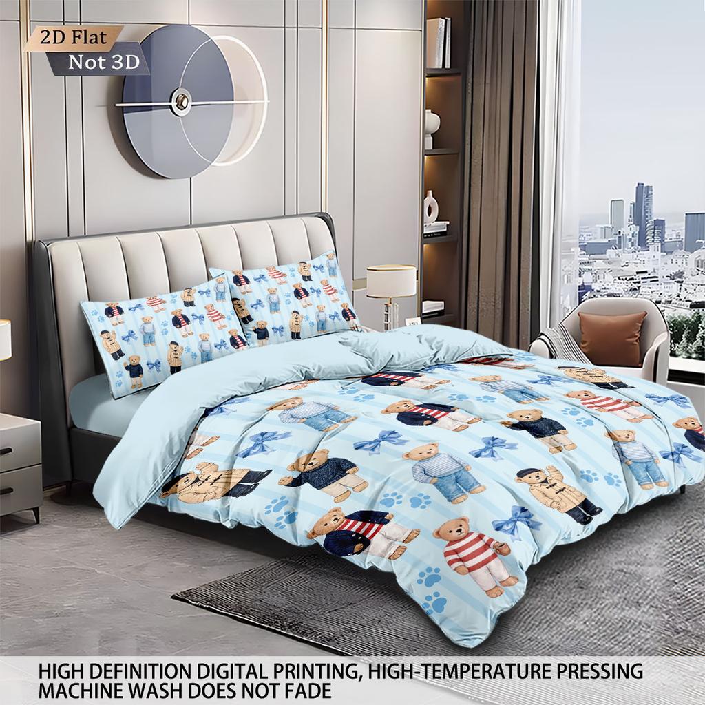 3pcs Cute Doll Bear Printed Quilt Set Multi Size Bedroom Dormitory Bed Holiday Decoration Machine Washable