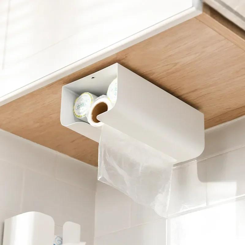 Magnetic Wall Mounted Tissue Holder No Punching Self Adhesive Kitchen Bathroom Paper Storage Box with Garbage Bag Dispenser