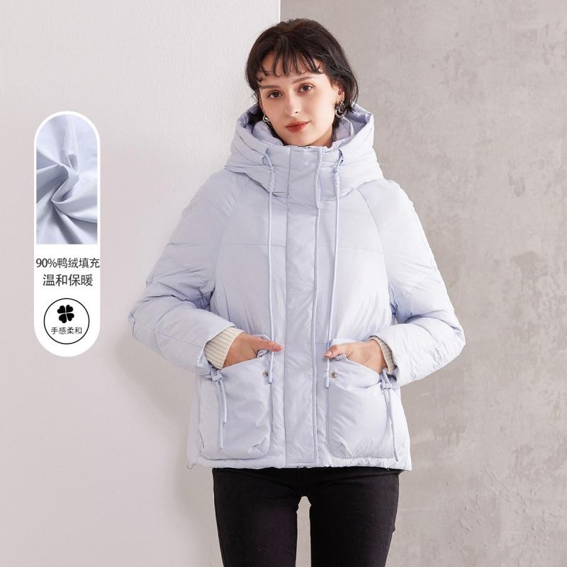 Minimalist basic 90 duck down hooded short down jacket for women's winter season versatile design with drawstring, warm jacket