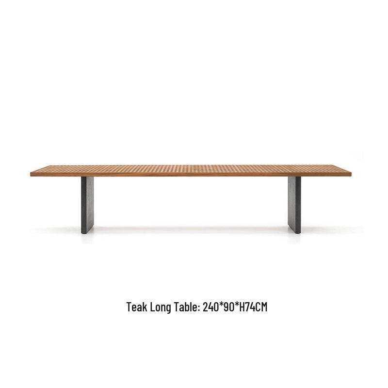Outdoor Rattan Dining Set: Long Table with Casual Woven Chairs for Garden, Terrace, or Courtyard.