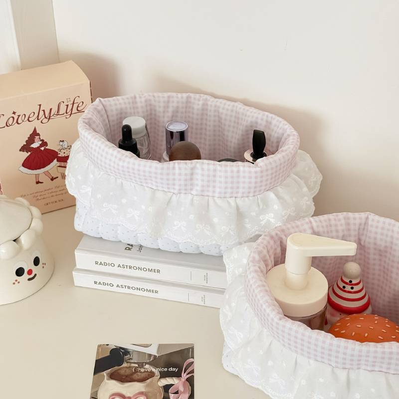 Cotton Dot Edge Storage Basket With Lace Details For Home Organization And Gift Ideas