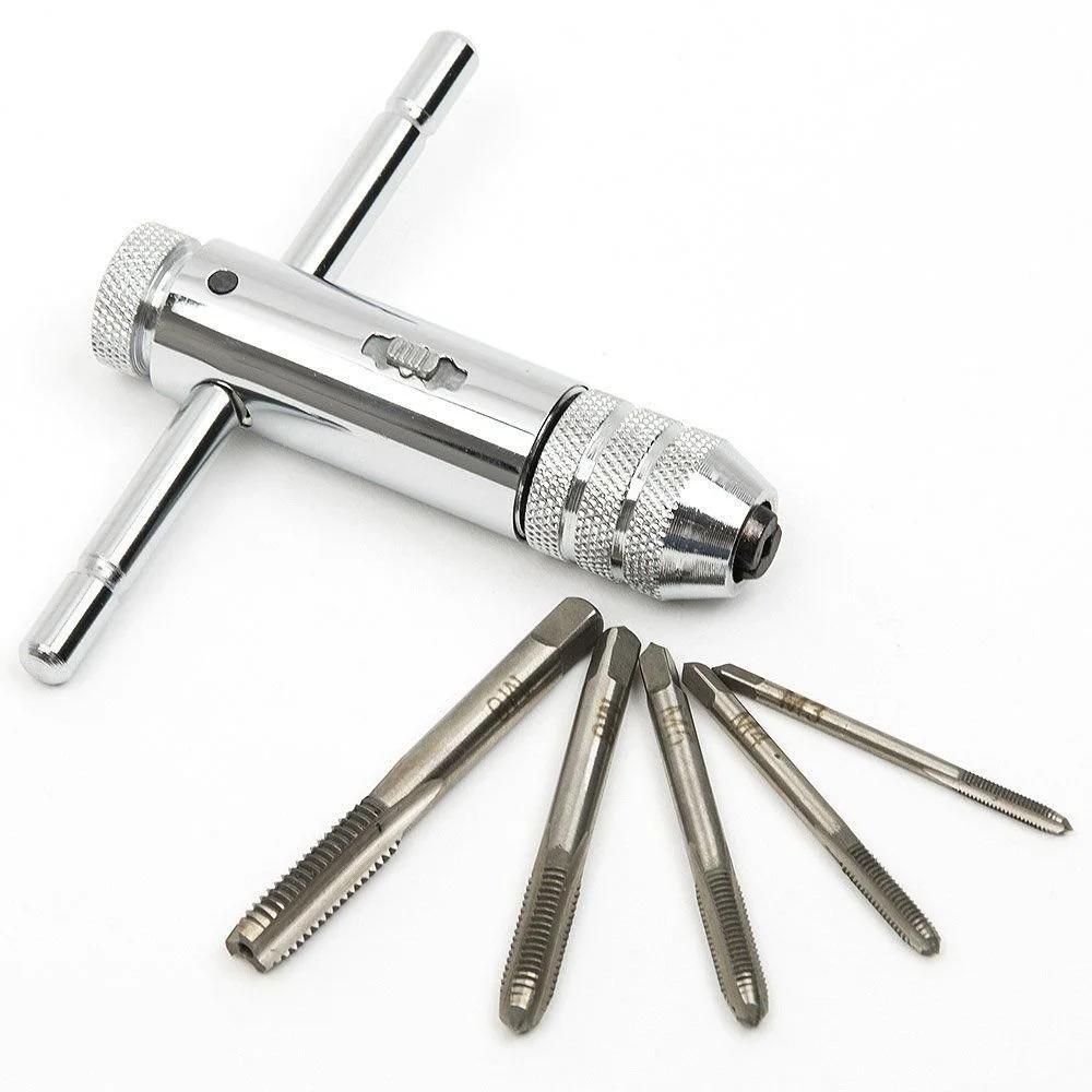 5pcs M3-M8 3mm-8mm Adjustable Silver T-Handle Tapping Screwdriver Wrench Thread Tapping Hand Tool Set Drill Hole Wood