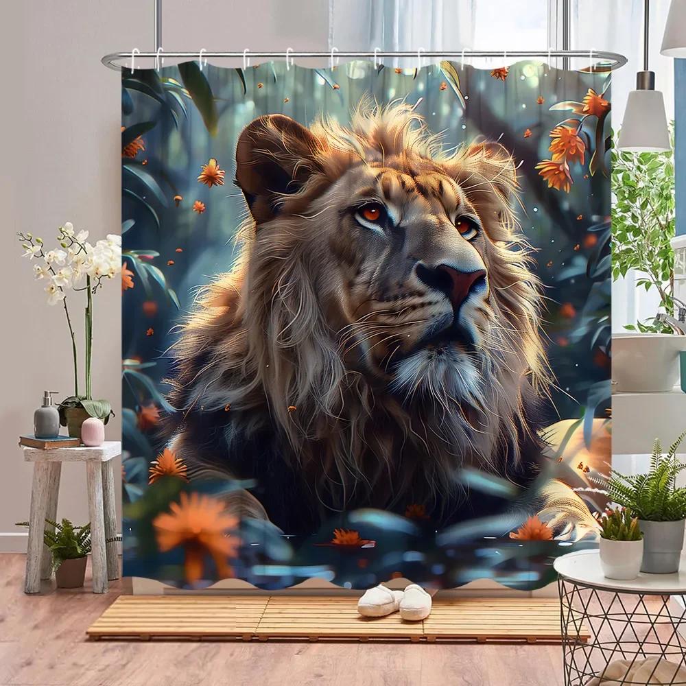 Wildtier Duschvorhang Blume Pflanze Löwe Kuh Tiger Dschungel Szenerie Cartoon Bauernhof Zuhause Polyester Stoff Badezimmer Dekor Vorhang Set