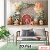2D Farm Animal Photography Background, Red Barn with Cute Barnyard Animals and Pastel Balloon Kids Birthday Decor Banner