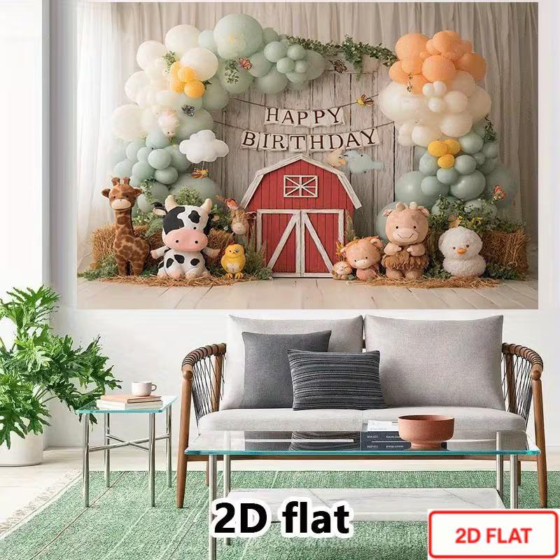 2D Farm Animal Photography Background, Red Barn with Cute Barnyard Animals and Pastel Balloon Kids Birthday Decor Banner