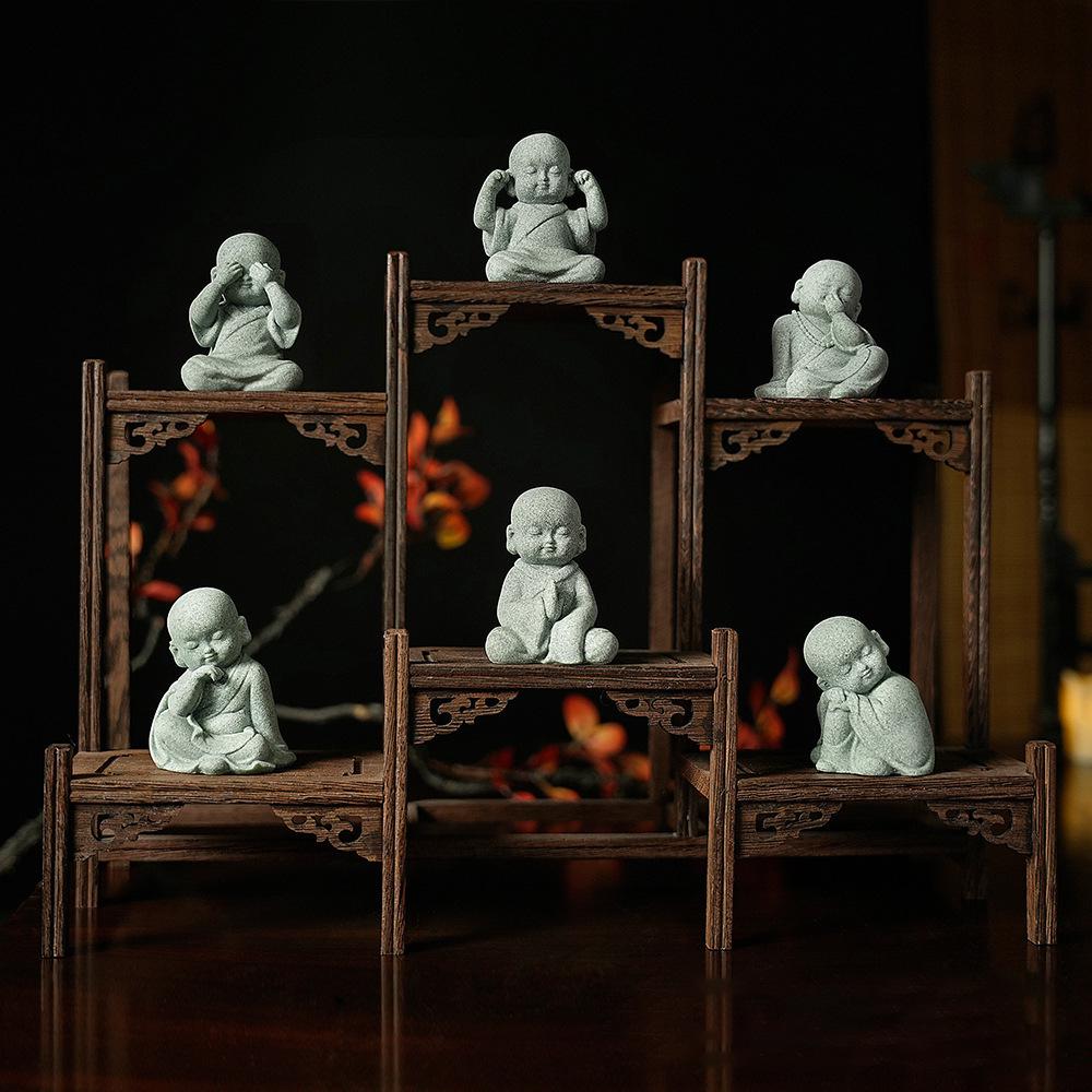 Green Sandstone Little Monk Zen Ornaments - Desktop Rockery Bonsai for Tea Table or Living Room.