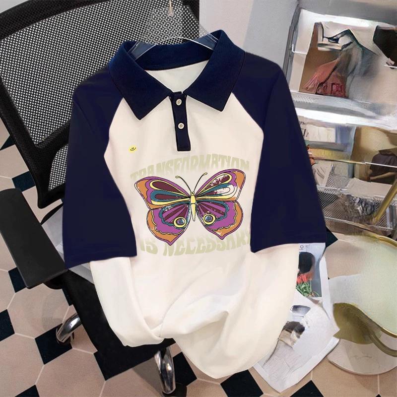 

Новая летняя повседневная футболка с воротником-поло, женская мода с коротким рукавом, элегантные топы, женский дизайн на пуговицах, уличная одежда, свободная пляжная одежда M розовый/тёмно-синий