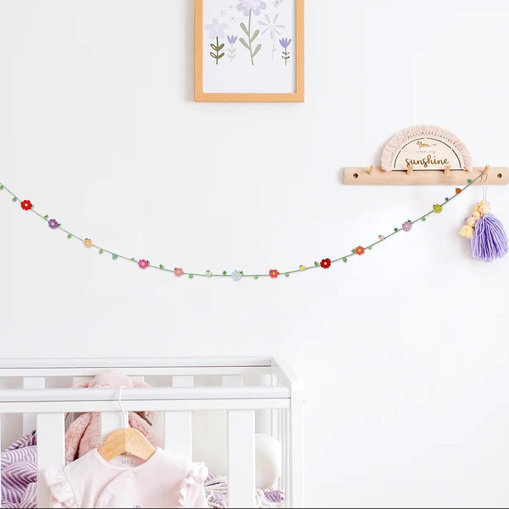 Handmade Crochet Flower Garland, Knitting Wool Spring Bunting Floral Ornaments, Colorful Flower Hanging Garland for Boho 1st Birthday Party Supplies,