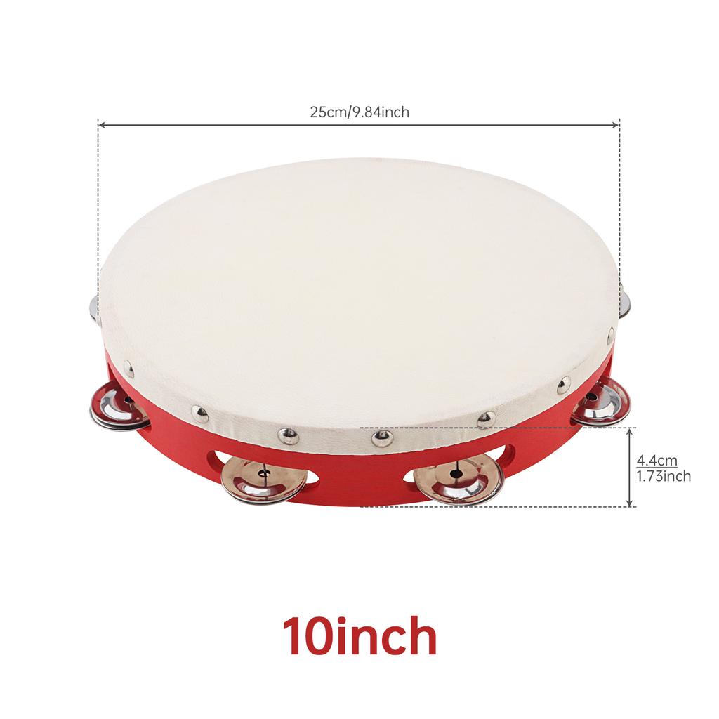 6 / 8 / 10 Inch Sheepskin Drumhead Wood Tambourine For Church Party KTV Wedding, Single Row Jingle Bells Red Hand Drum